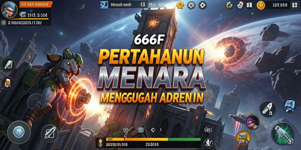 Screenshot utama 666F menampilkan aksi menara pertahanan.
