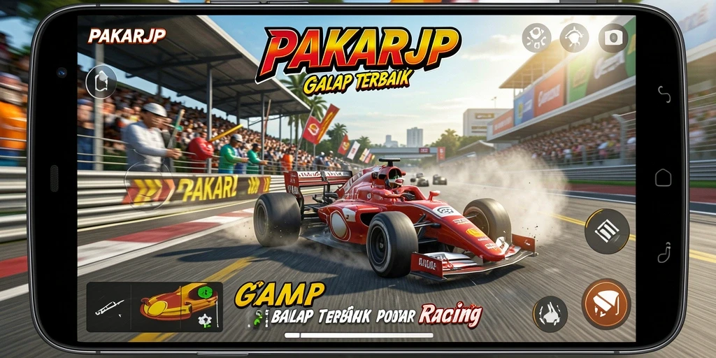 Tangkapan layar utama PAKARJP menampilkan aksi balapan yang mendebarkan.
