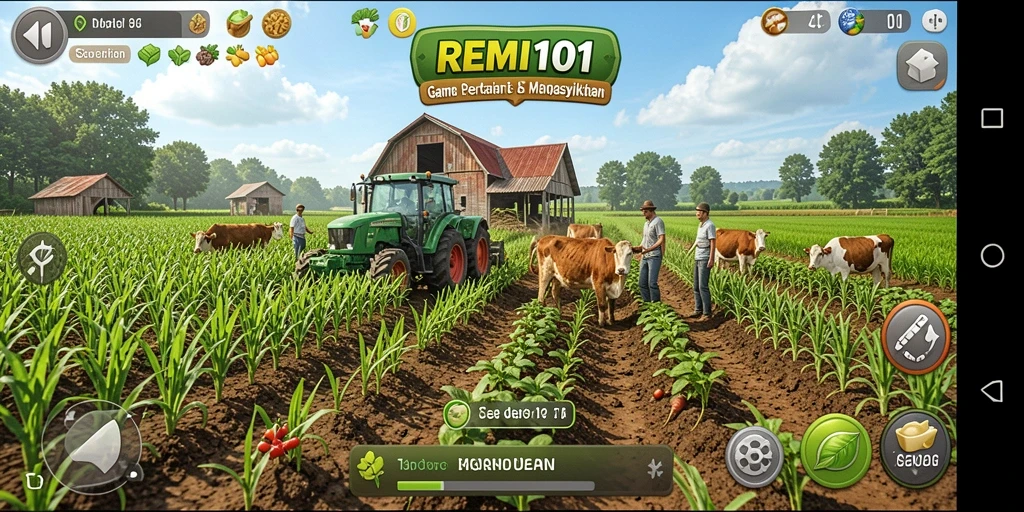 Screenshot REMI101 menampilkan petani merawat ladang dan hewan dengan tampilan yang ceria.