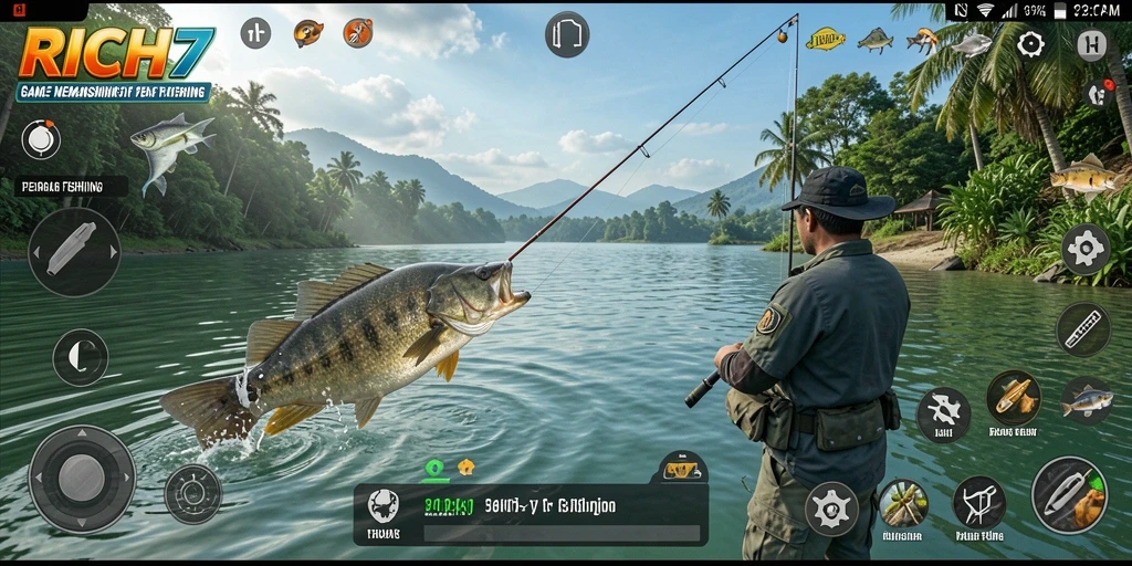 Gameplay RICH7 menunjukkan pemancing menangkap ikan di danau.