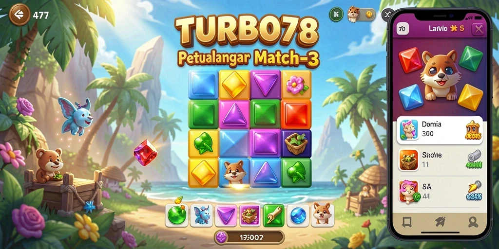 Menampilkan gameplay seru dalam TURBO78 dengan grafis match-3 yang menarik.